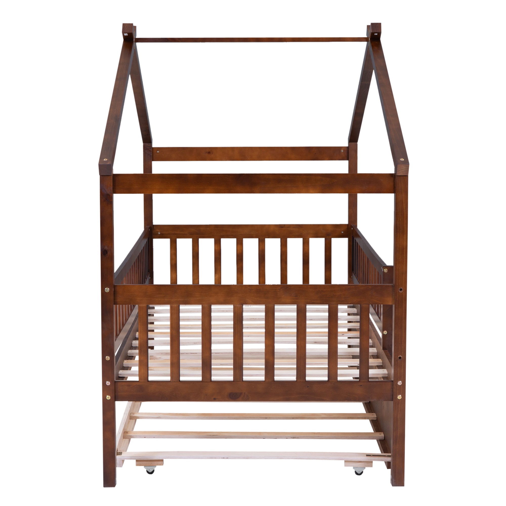 "Twin-Size Wooden House-Shaped Bed with Matching Twin-Size Trundle in Elegant Walnut Finish"