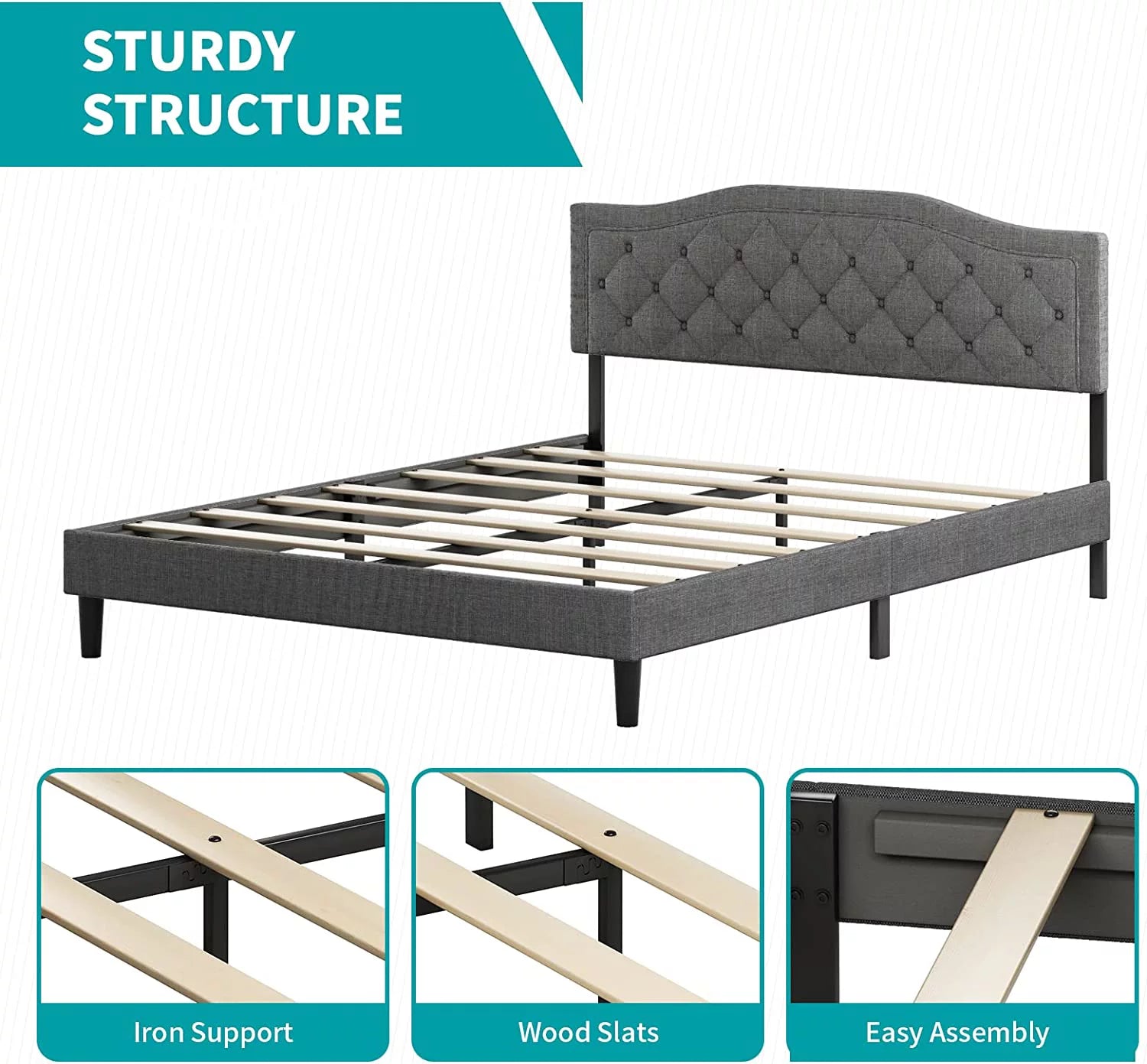 BALUS King Size Upholstered Bed Frame with Headboard,Metal Bed Frame with Steel Slat Support / No Box Spring Needed / Easily Assemble/No Mattress (Dark Gray)