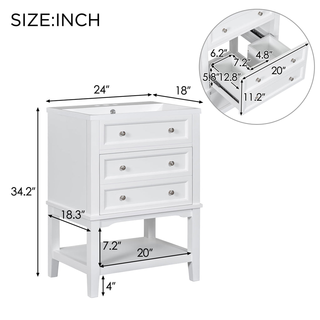 24 White Bathroom Vanity with Sink, Storage Cabinet and Drawer - Solid Wood Frame - Space-saving Solution for Small Bathrooms