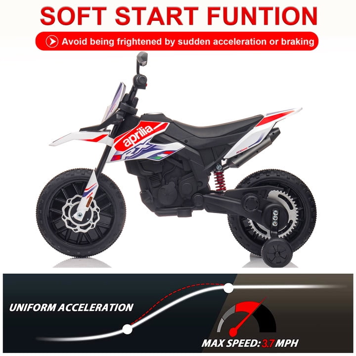 12V Electric Dirt Bike for Kids 3-6, Aprilia Powered Ride on Toy Car with 2 Training Wheels, LED Light, MP3 Player, Child 4 Wheeler Motorcycle for Boys Girls