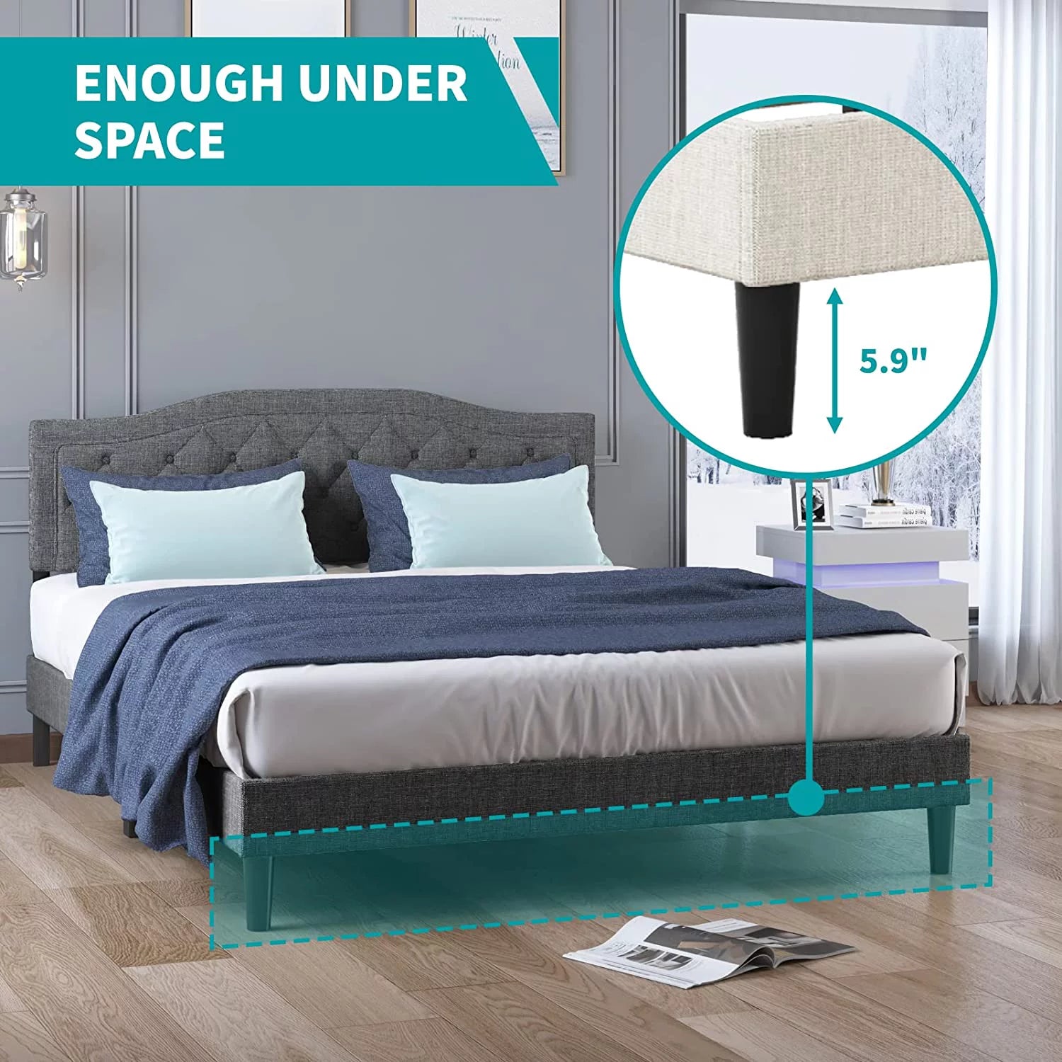 BALUS King Size Upholstered Bed Frame with Headboard,Metal Bed Frame with Steel Slat Support / No Box Spring Needed / Easily Assemble/No Mattress (Dark Gray)