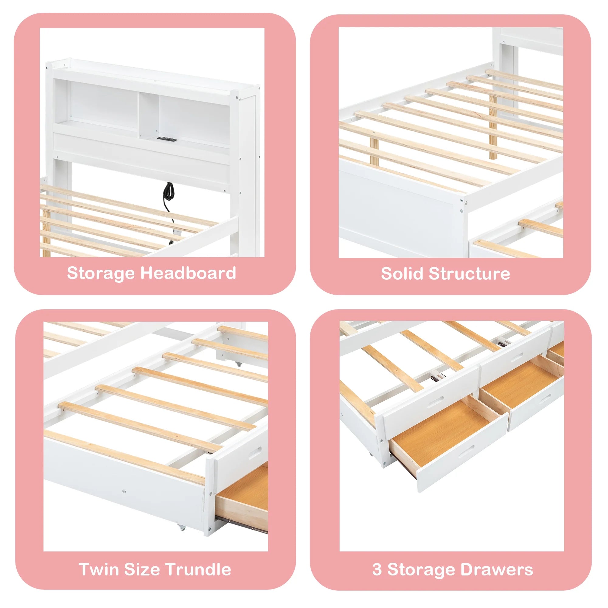 Bellemave Full Size Captain Bed with Storage Bookcase Headboard and USB Charging Ports Platform Bed with Trundle and Drawers Wooden Storage Bed Frame for Kids, Teens (White)