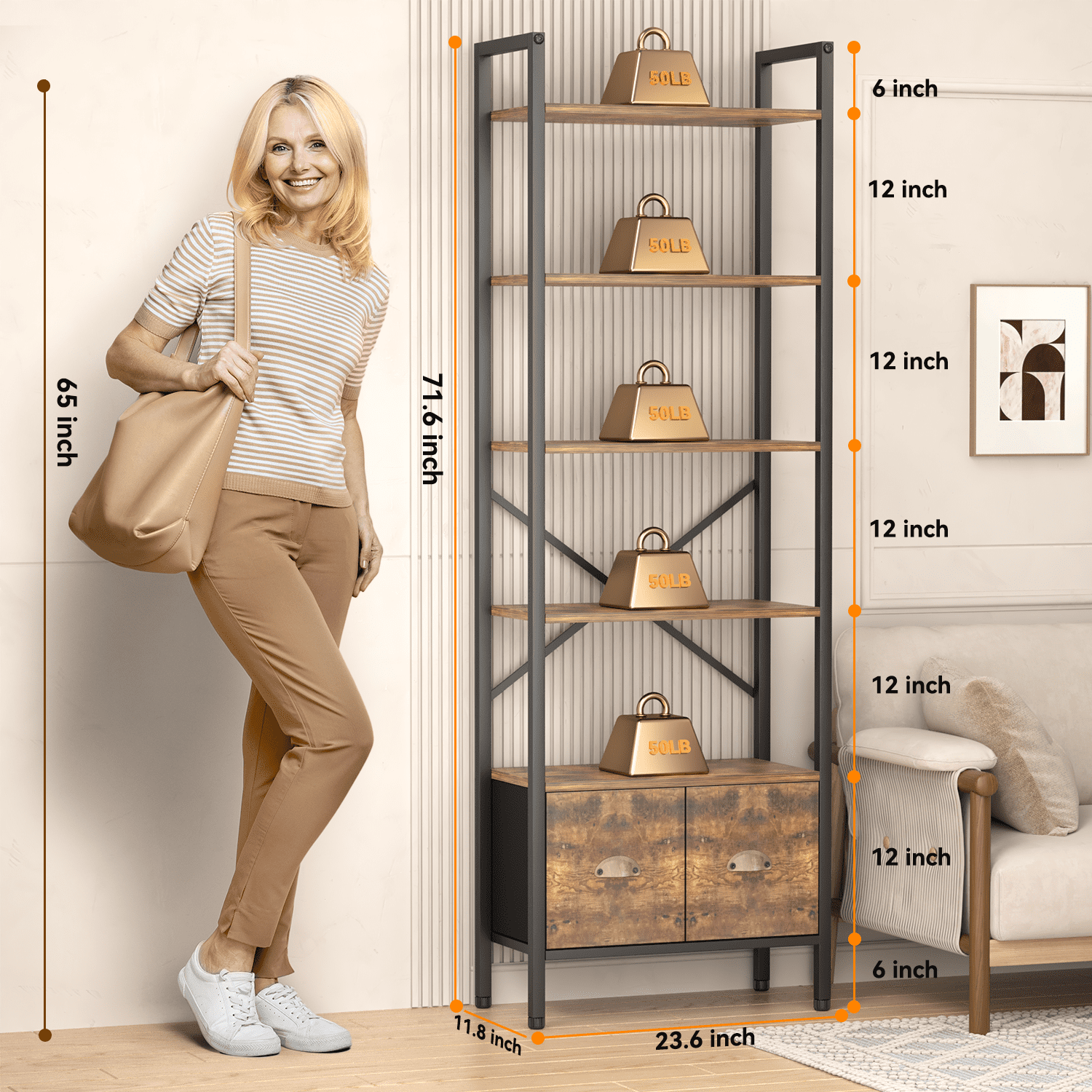 BEHOST Bookshelf with 6 Tiers, Tall Bookcase 70in with 2 Fabric Drawers, Wood Shelves for Home, Office, 1 Pack, Rustic Brown