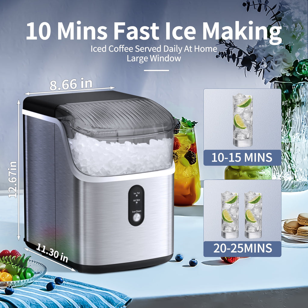 Auseo Fingerprint-resistant Nugget Ice Maker Countertop with Soft Chewable Pellet Ice, 33lbs/24H, Self-Cleaning, Stainless Steel, for Home/Office/Party - (Silver)