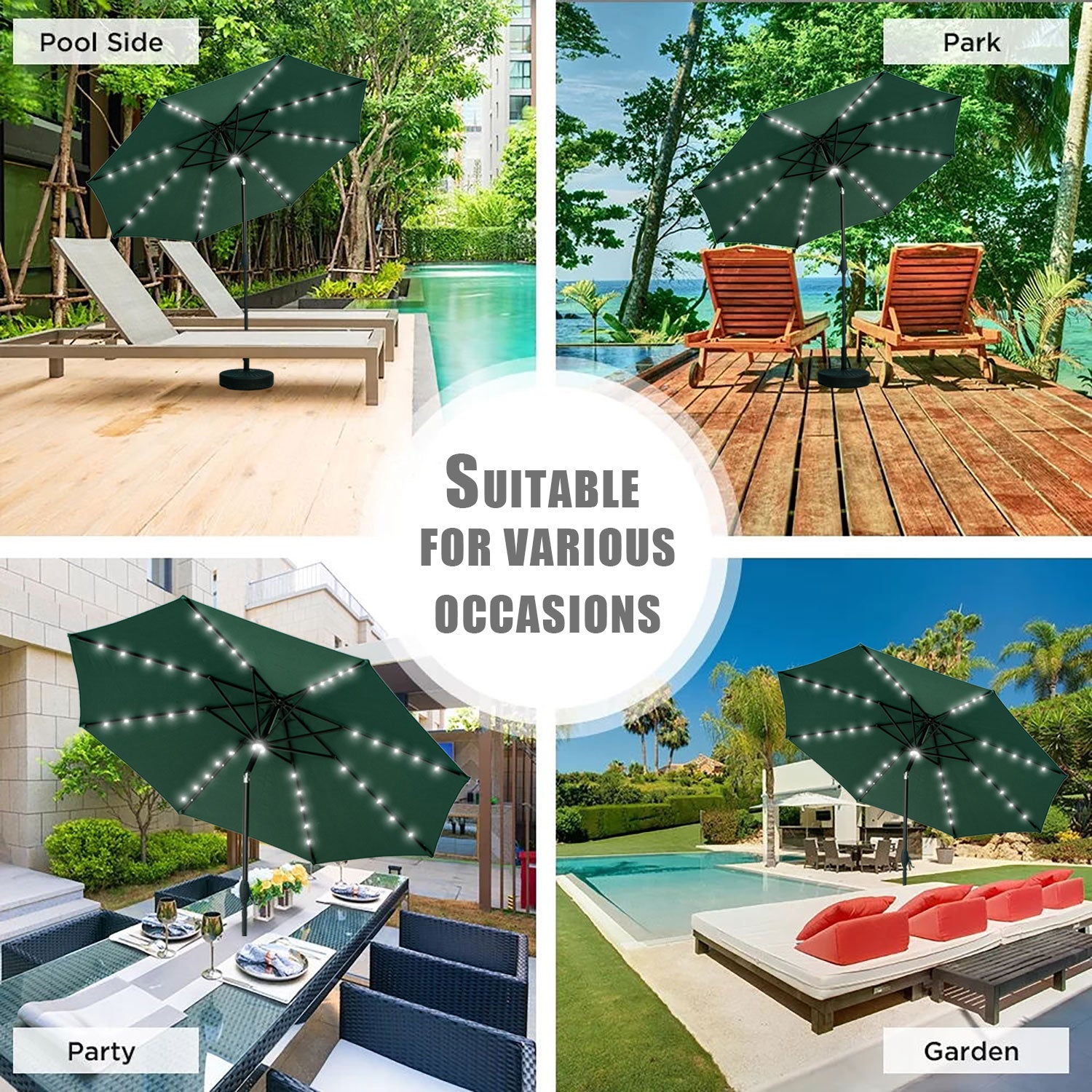 Autlaycil 10 ft Solar Patio Umbrellas with 40 LED lights for Market Outdoor Pool, Steel Tilt Crank, Navy Blue