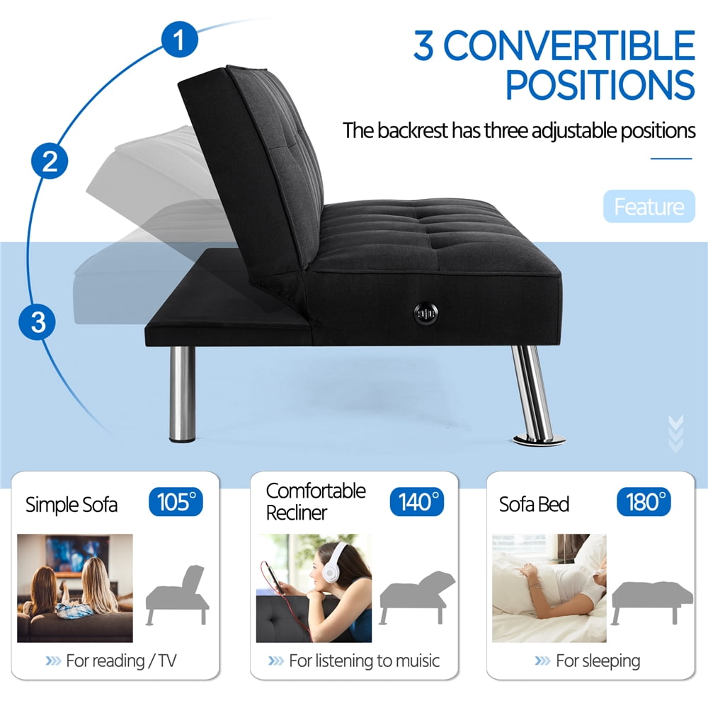 Alden Design Modern Fabric Convertible Futon with USB, Blue