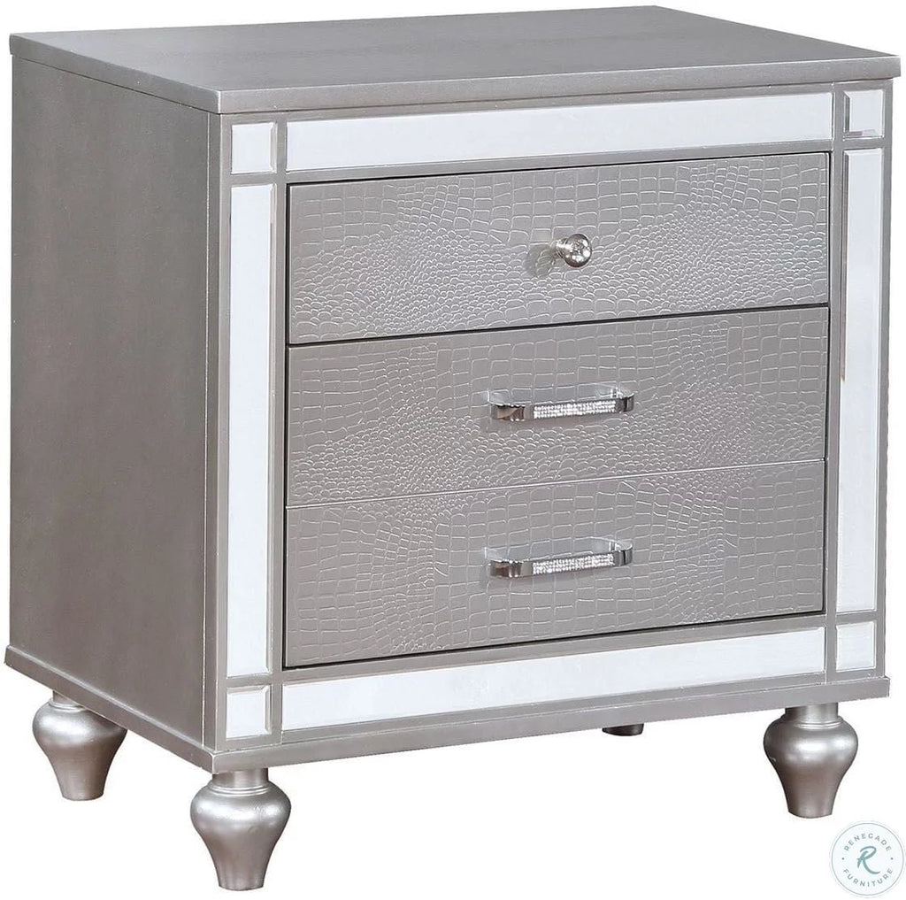 3pc Bedroom Furniture Silver Cal King Size Bed And 2x Nightstands LED Gray Leatherette Headboard Crocodile Texture Footboard