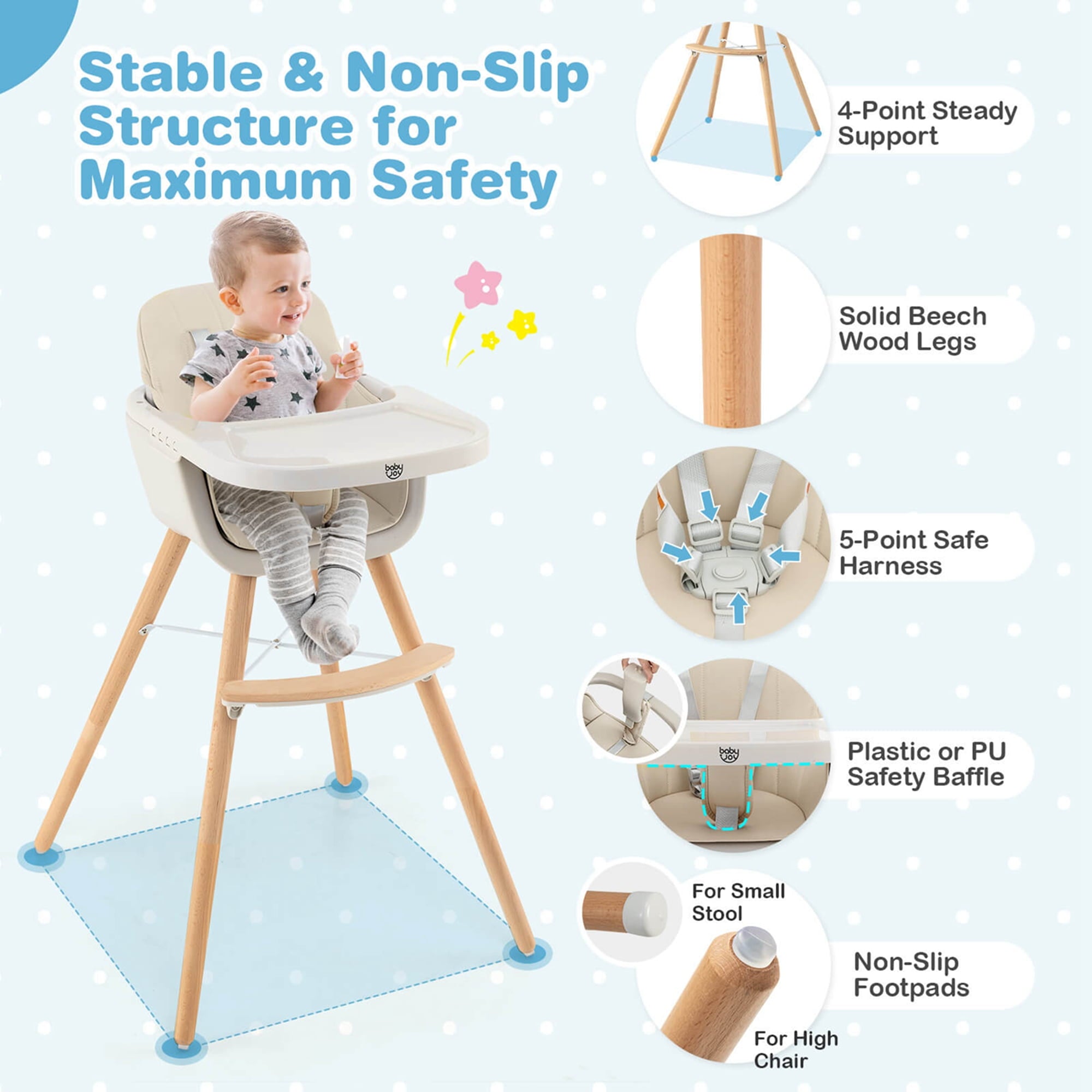 Babyjoy 3 in 1 Convertible Wooden High Chair Toddler Feeding Chair with Cushion Beige