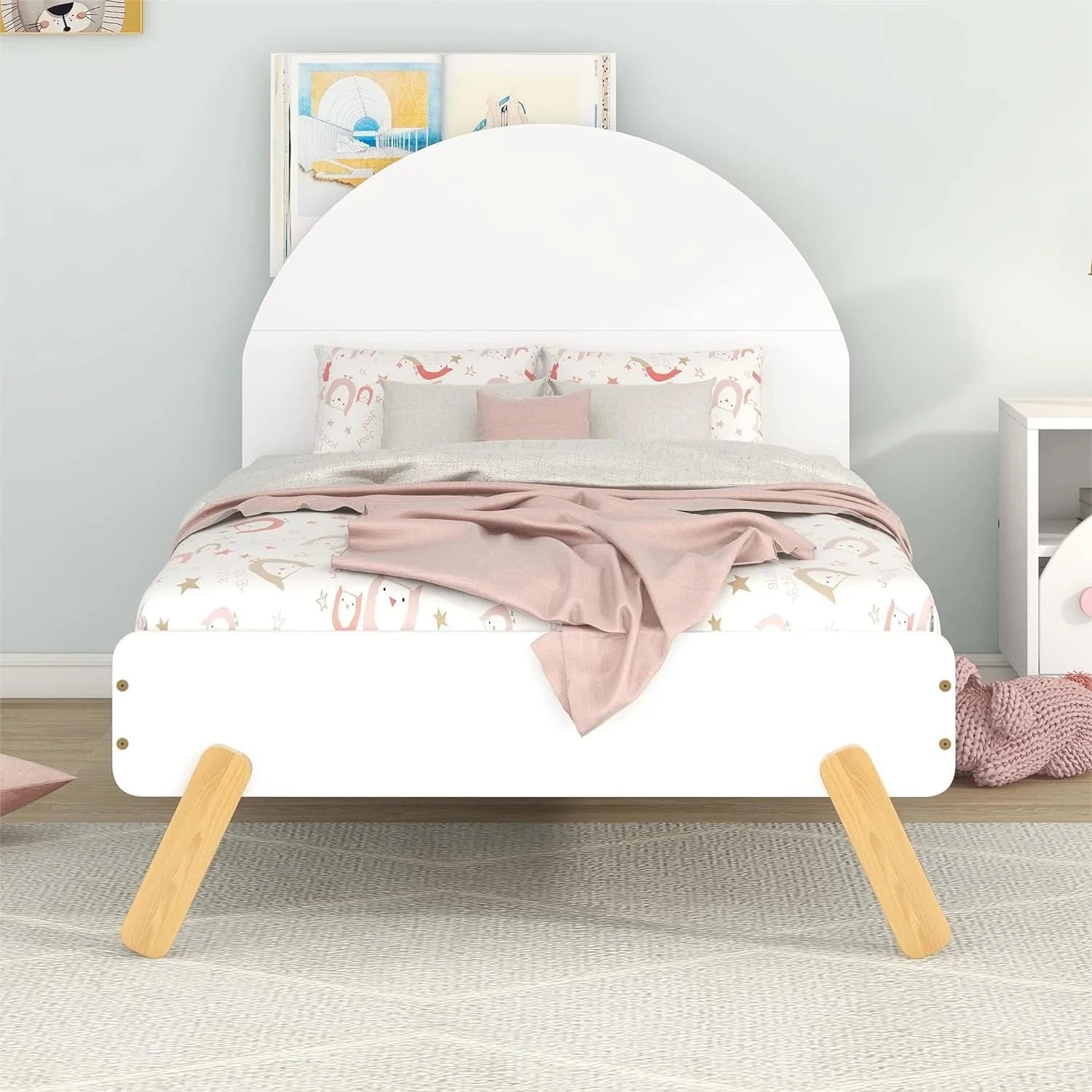 Bed Frame, Cute Platform Bed With Curved Headboard And Shelf Behind, Solid Wood Bed For Kids Teens Adults Girls Boys, No Box Spring Needed ( Size, White)