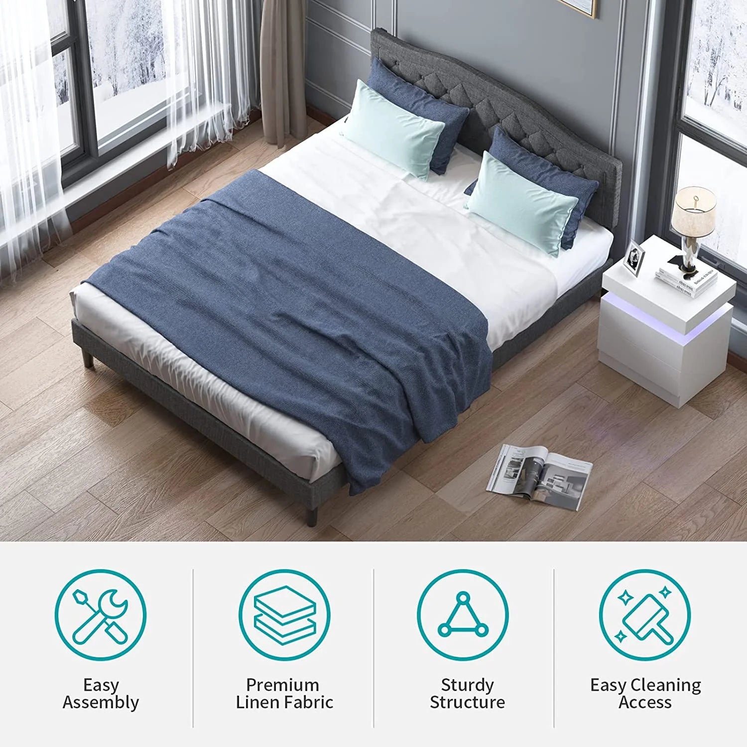 BALUS King Size Upholstered Bed Frame with Headboard,Metal Bed Frame with Steel Slat Support / No Box Spring Needed / Easily Assemble/No Mattress (Dark Gray)