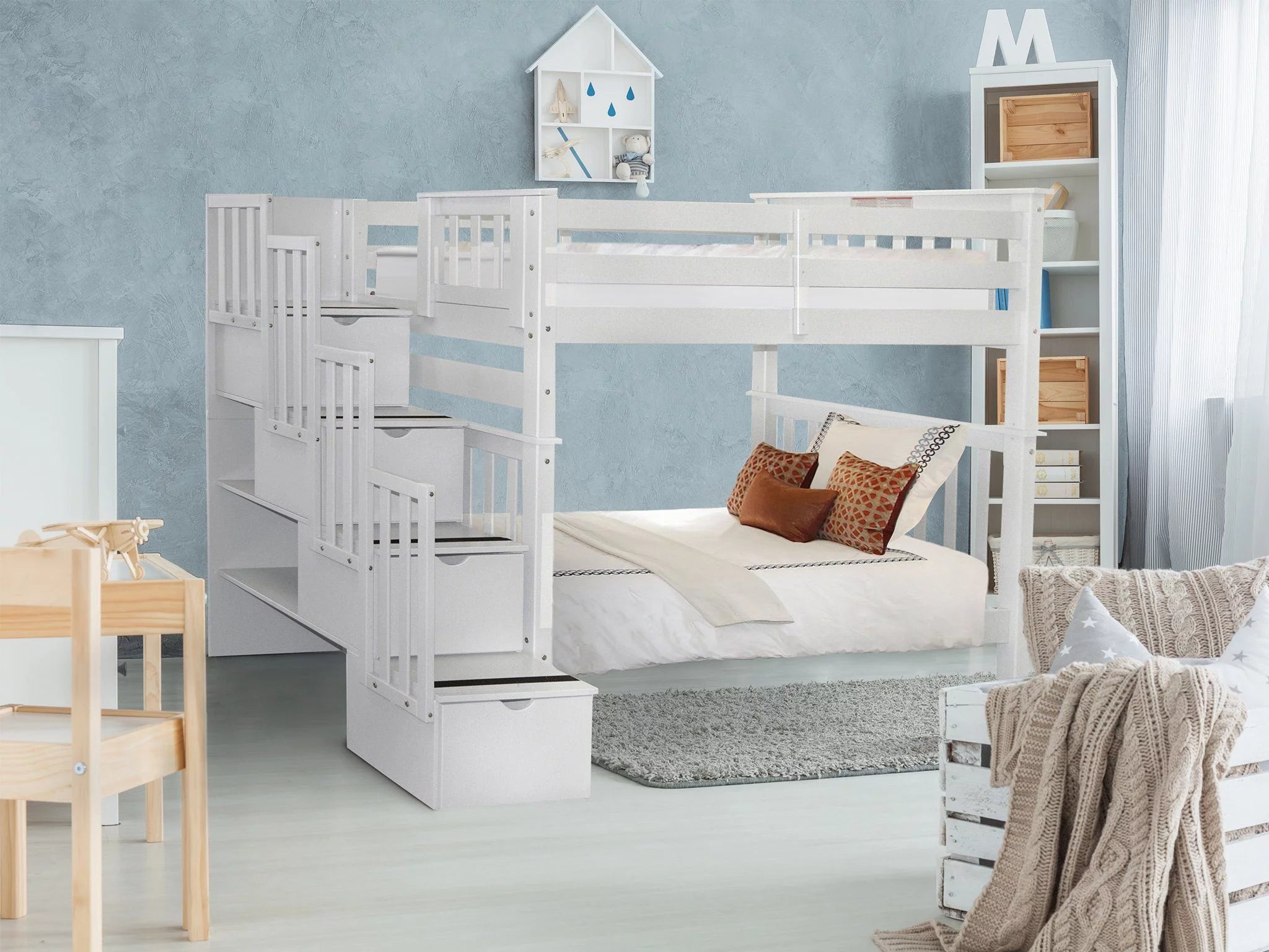 Bedz King Tall Stairway Bunk Beds Twin over Twin with 4 Drawers in the Steps, White