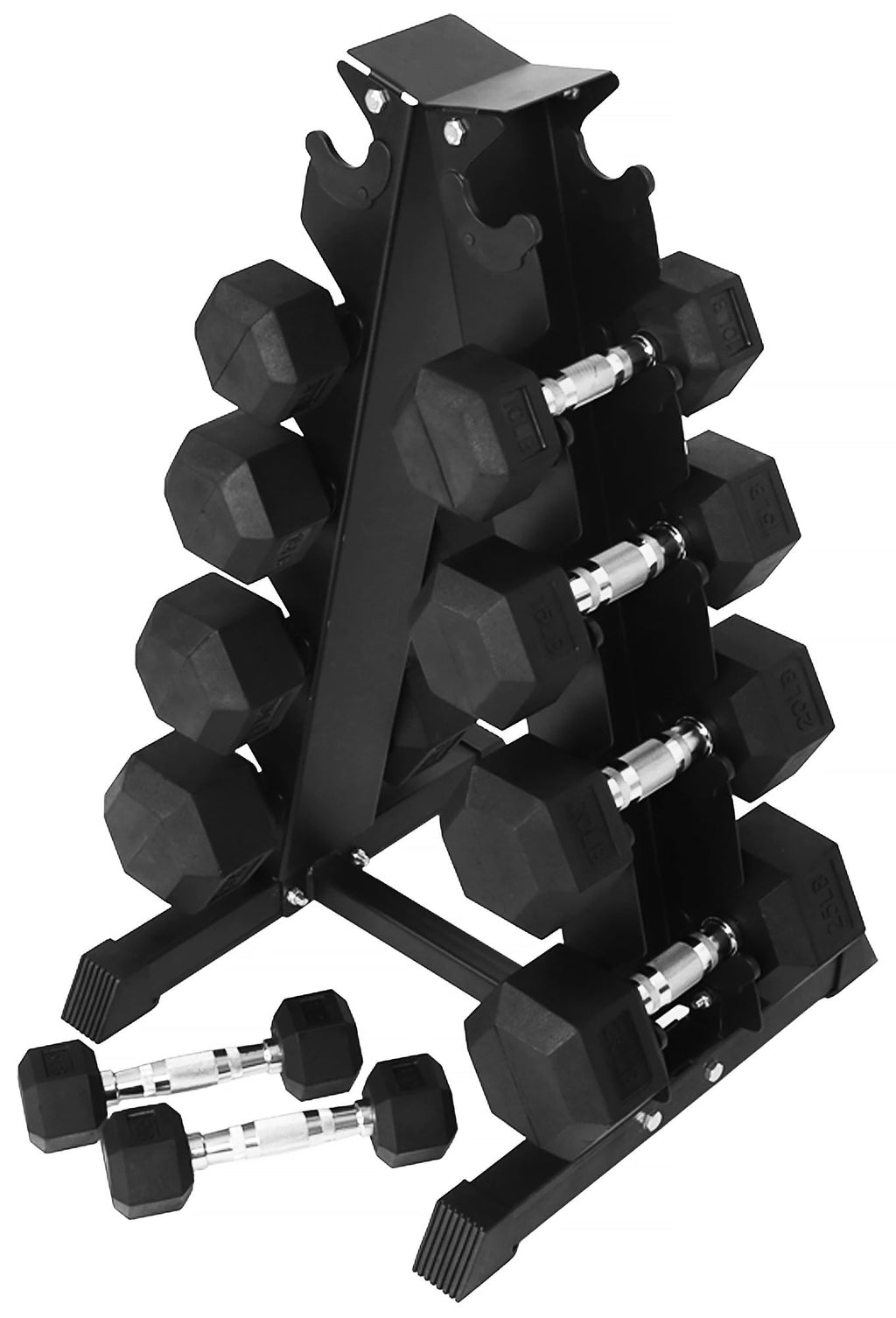 BalanceFrom 100LB Rubber Coated Hex Dumbbell Weight Set with A-Frame Rack, 5-20 lbs Pairs