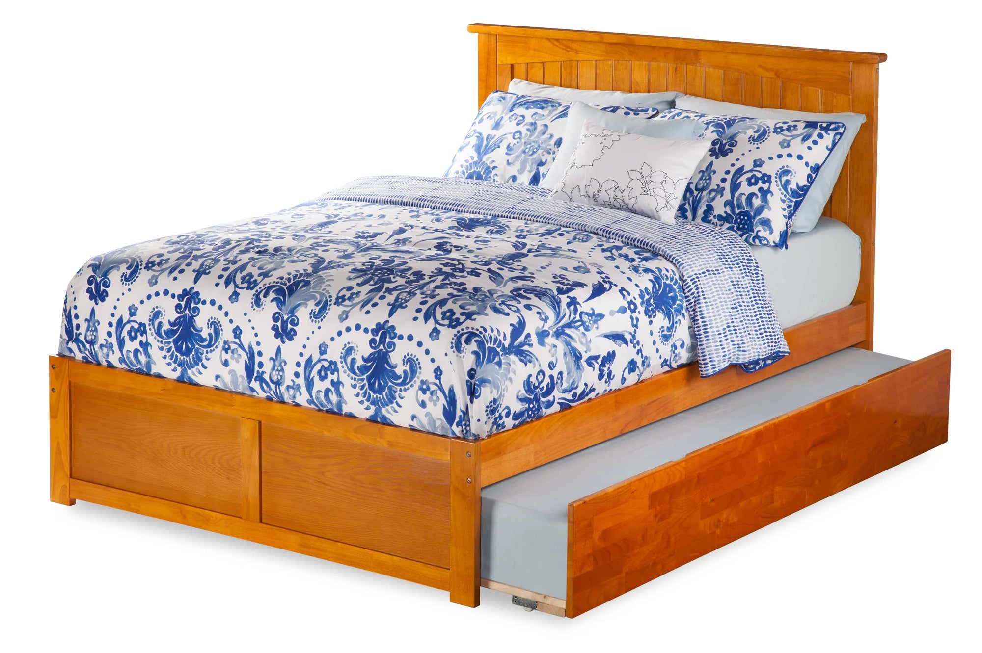 AFI Nantucket Full Size Platform Bed with Panel Footboard and Twin Size Trundle in Caramel Latte