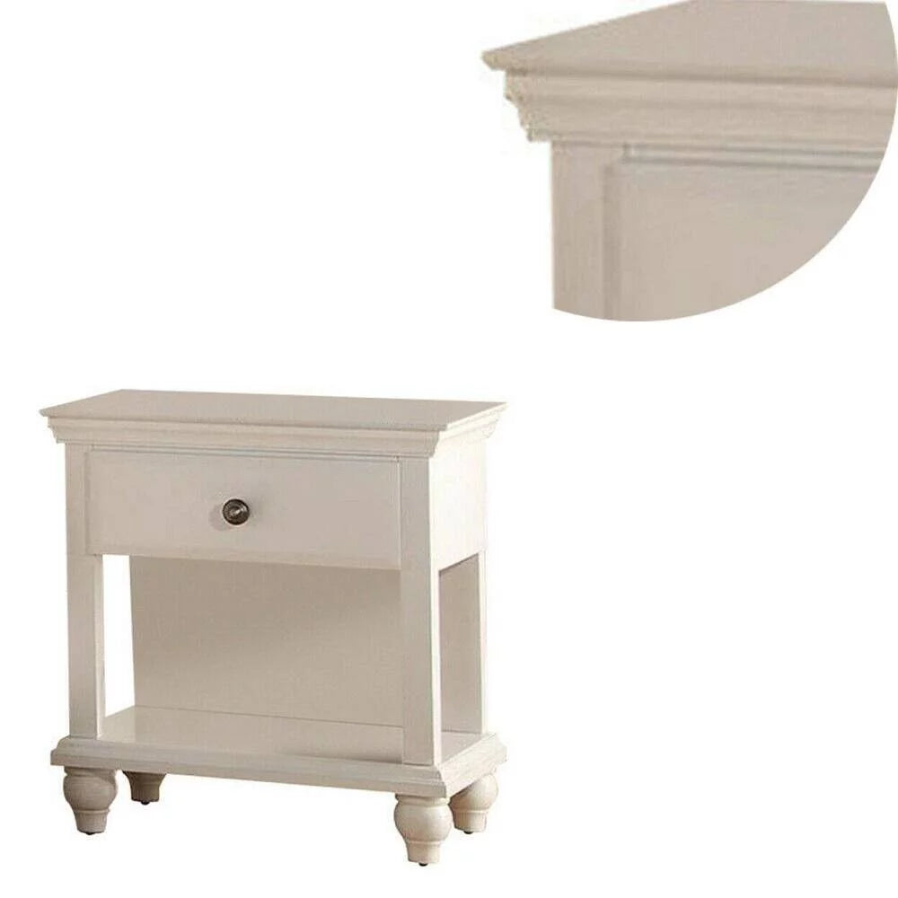 3pc Bedroom Set Elegant Classic Est King Size Bed 2x Nighstands One Shelf and drawer Bedside Table White Tufted Faux Leather