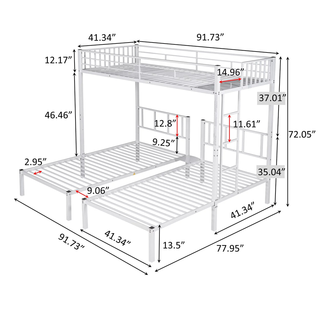 Aukfa Triple Bunk Bed, Convertible to 3 Twin Size Metal Bed Frame, Twin over Twin and Twin, White