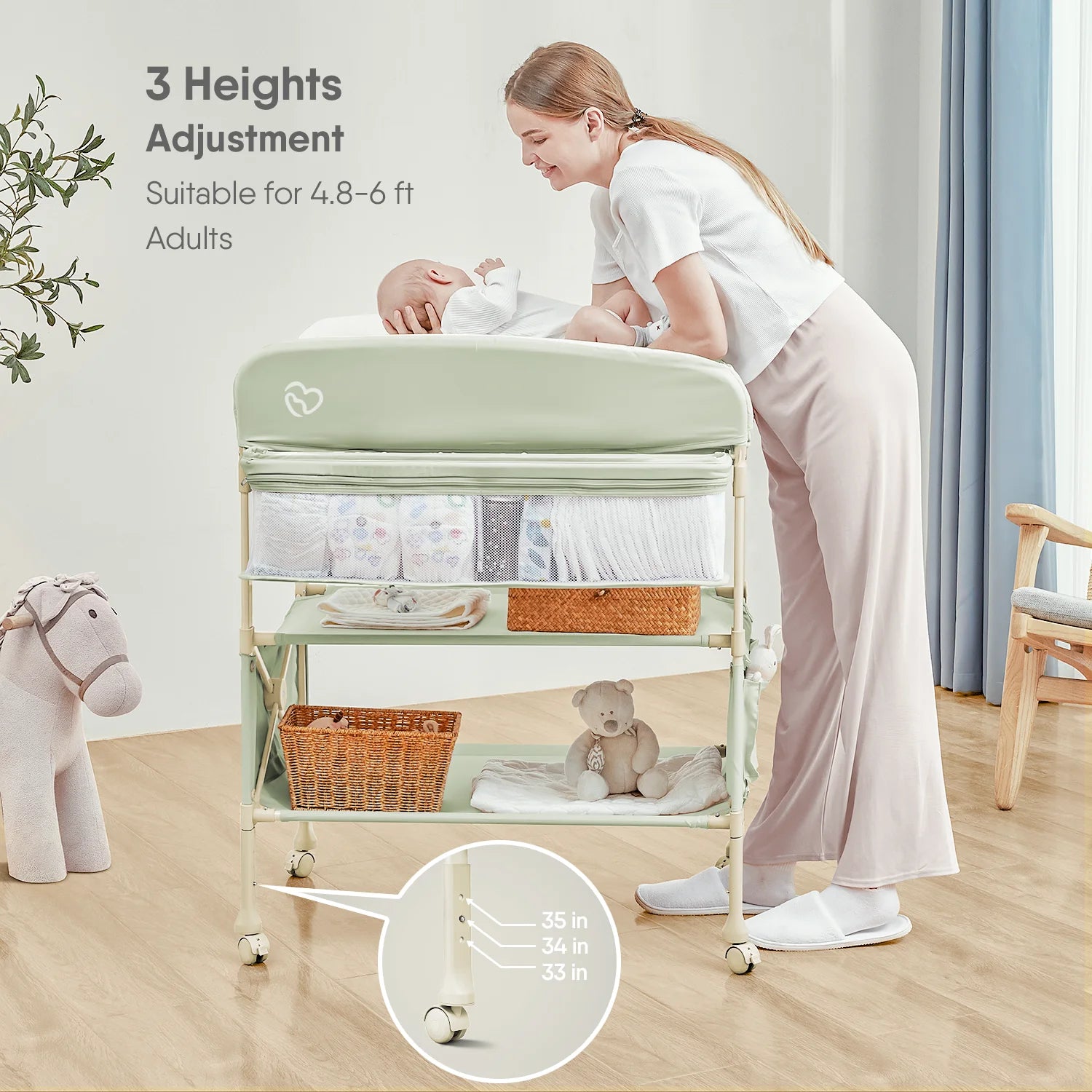 BabyBond Portable Baby Changing Table, Foldable Table Dresser Waterproof Diaper Height Adjustable Station for Infant and Newborn(Green)