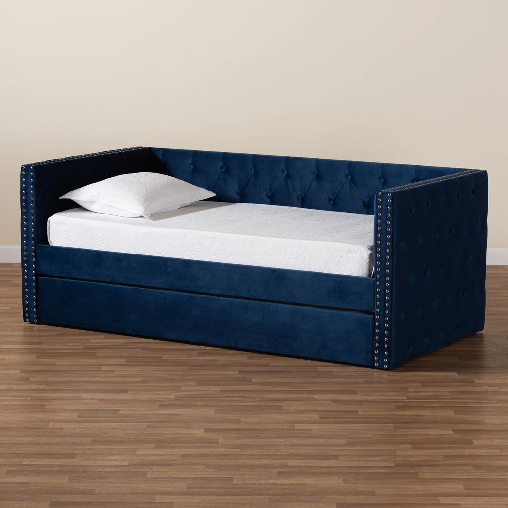 Baxton Studio Larkin Contemporary Upholstered with Trundle Daybed, Twin, Navy Blue