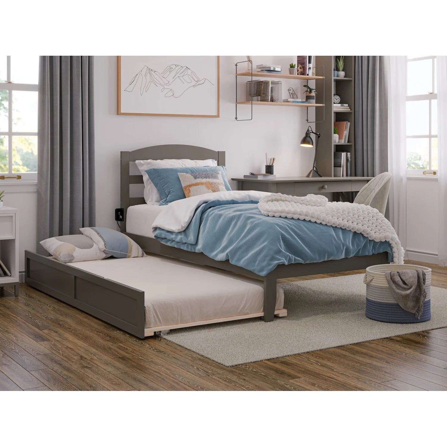 AFI Warren Solid Wood Platform Bed with Twin Trundle Grey Twin