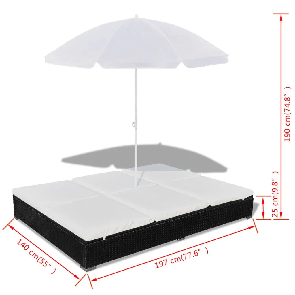 Anself Patio Chaise Lounge Sun Lounger with Umbrella Adjustable, Weather Resistant Outdoor Wicker Sun Bed Poly Rattan Black 77.6" x 55" x 74.8" (L x W x H)