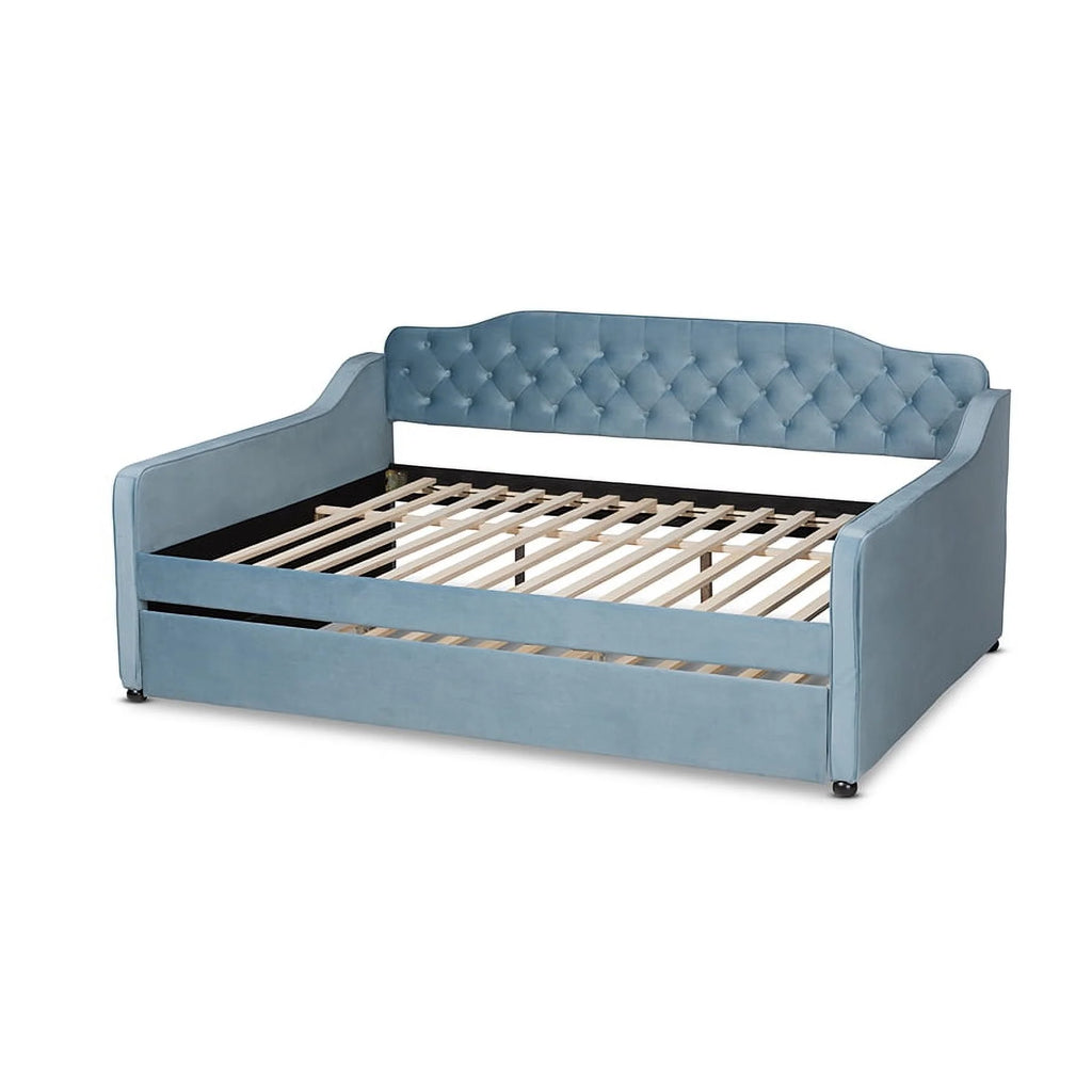 Baxton Studio Freda-Light Blue Velvet-Daybed-F-T Transitional & Contemporary Fabric Upholstered & Button Tufted Daybed With Trundle, Light Blue Velvet - Full Size