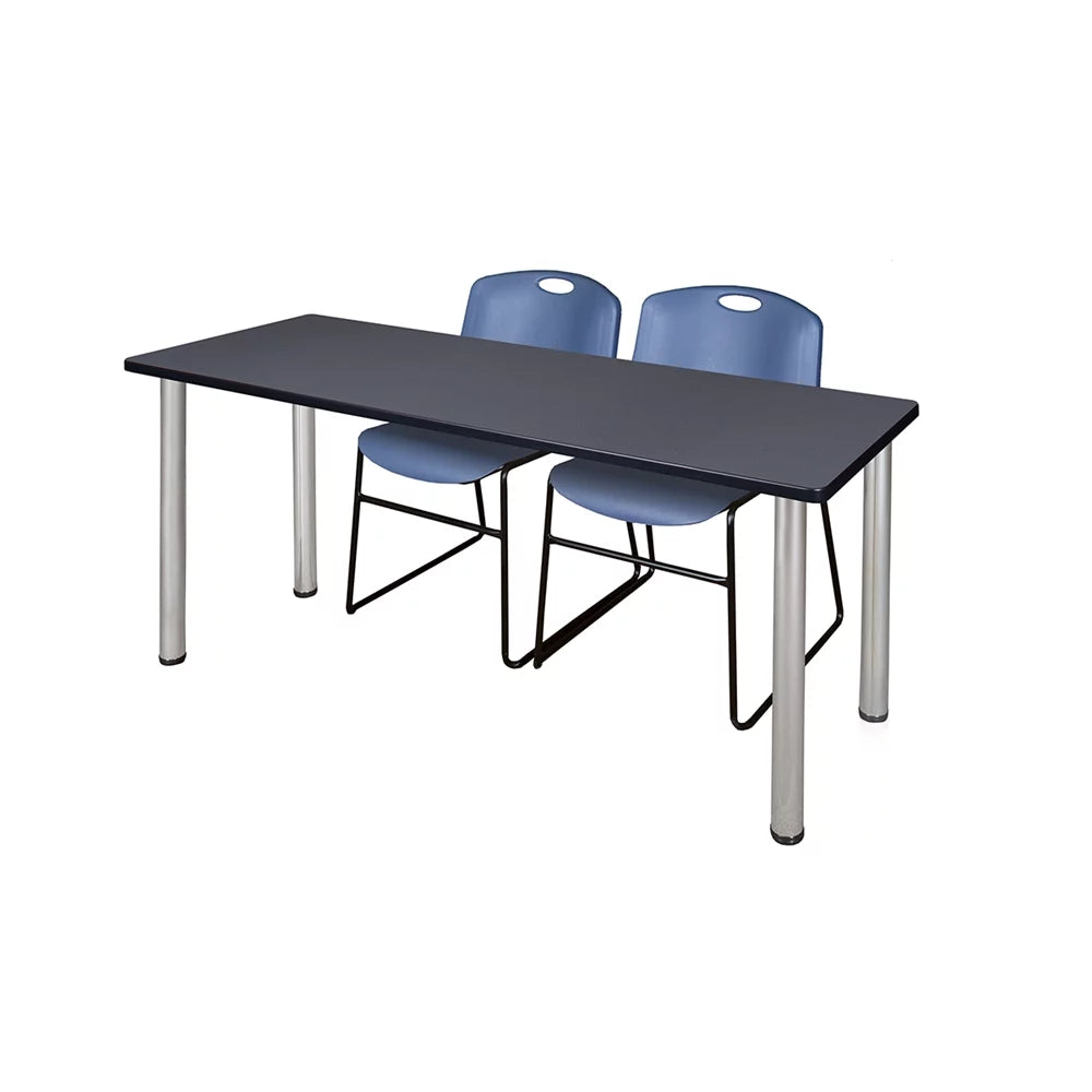 Belen Kox 60" x 24" Kee Training Table- Grey/ Chrome & 2 Zeng Stack Chairs- Blue