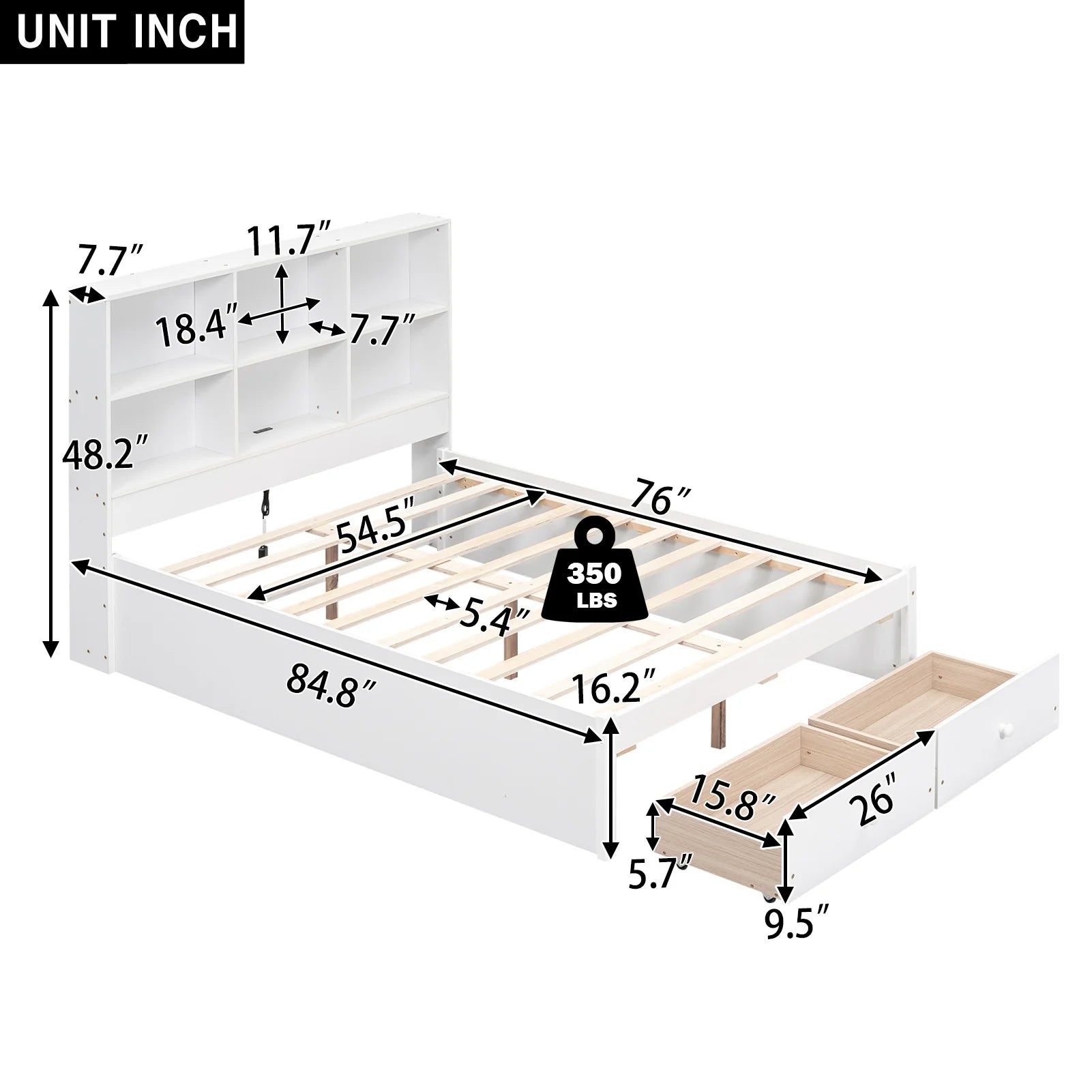 Bellemave Full Size Platform Bed With 2 Drawers and Storage Headboard Full Storage Platform Bed with USB Charging Port and Wooden Slats for Kids, Teens, Adult, no Box Spring Needed, White