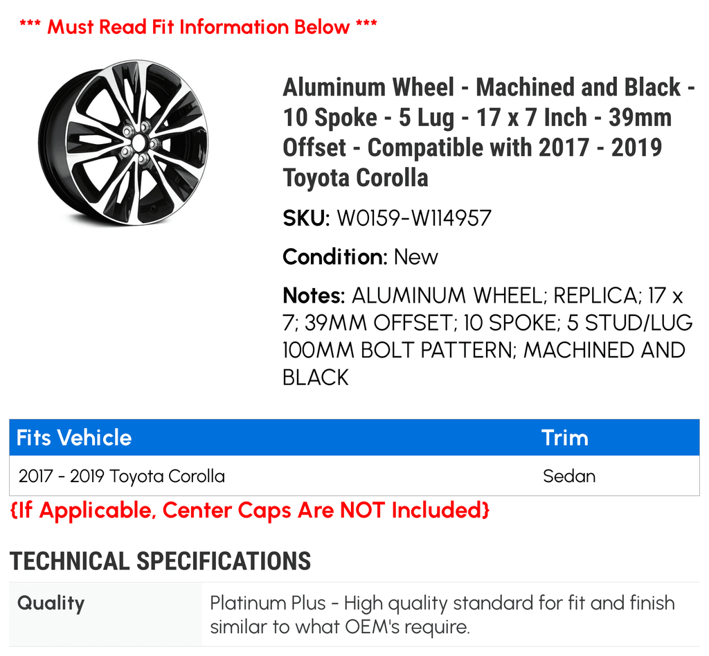 Aluminum Wheel - Machined and Black - 10 Spoke - 5 Lug - 17 x 7 Inch - 39mm Offset - Compatible with 2017 - 2019 Toyota Corolla 2018