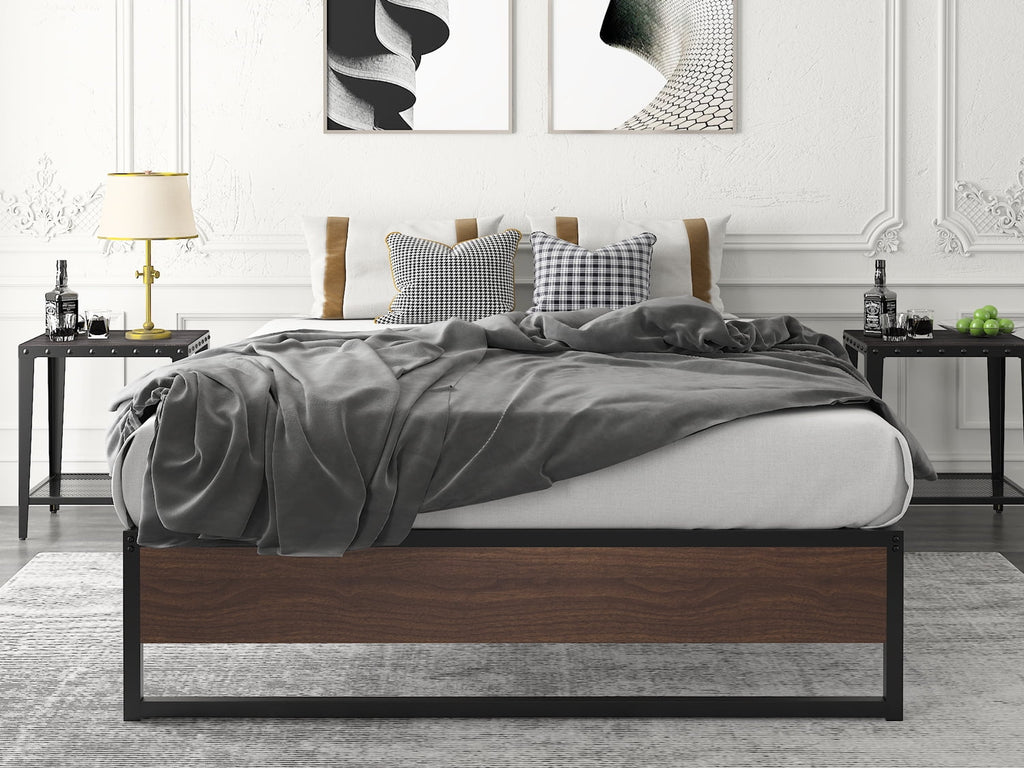 Amolife Queen Size Platform Bed Frame with Rustic Wood, Metal Slats, Black