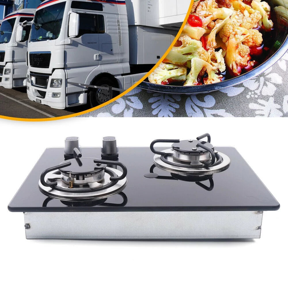 2 Burners Boat Caravan Gas Stove, Gas Cooktop Tempered Glass Built in Gas Stove,Cooktop Cast Iron Grate Stove-Top LPG for Caravan RV Camper Camper RV LPG Gas Hob Cooktop Tempered Glass Household