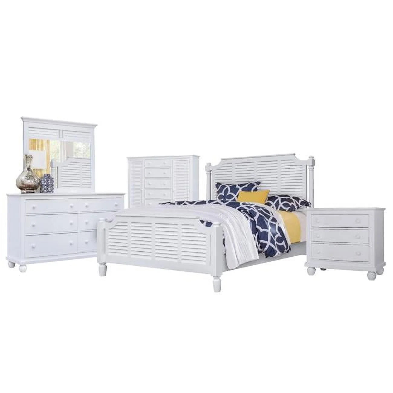 3 Drawer Nightstand with White Shutter Wood Bedroom Set King Size - 5 Piece