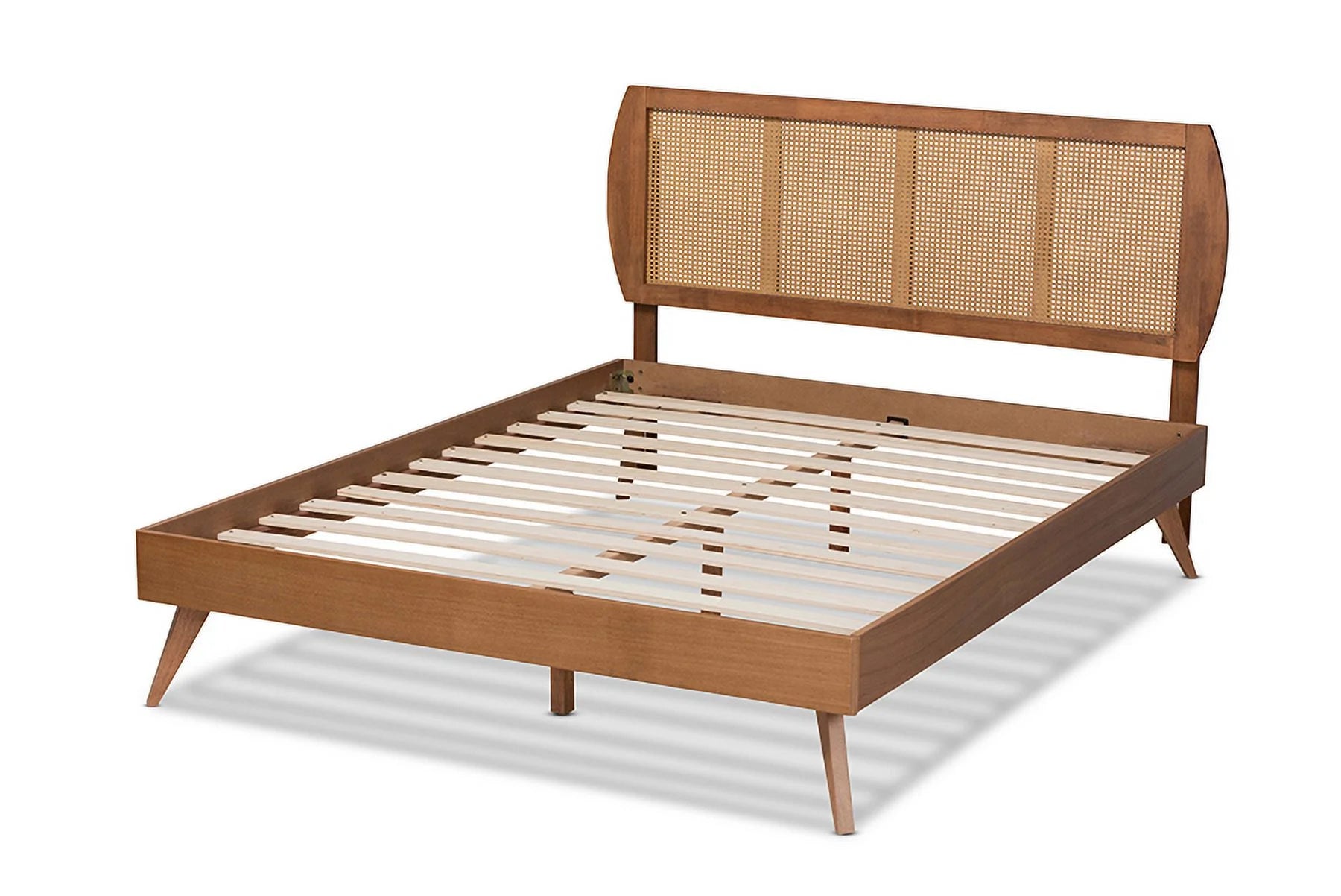 Baxton Studio Asami Mid-Century Modern Walnut Brown Finished Wood and Synthetic Rattan King Size Platform Bed