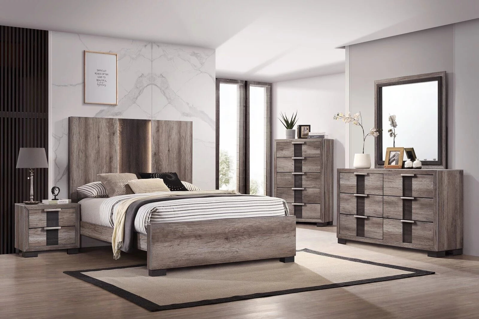 6Pc Beautiful Master Bedroom Suite Gray/Black Finish King Size Sleek Bed Set Solid Wood