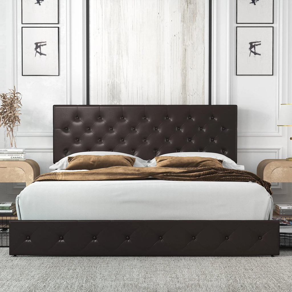 Amolife King Size Faux Leather Platform Bed Frame with 4 Storage Drawers, Button Tufted Style, Black Brown