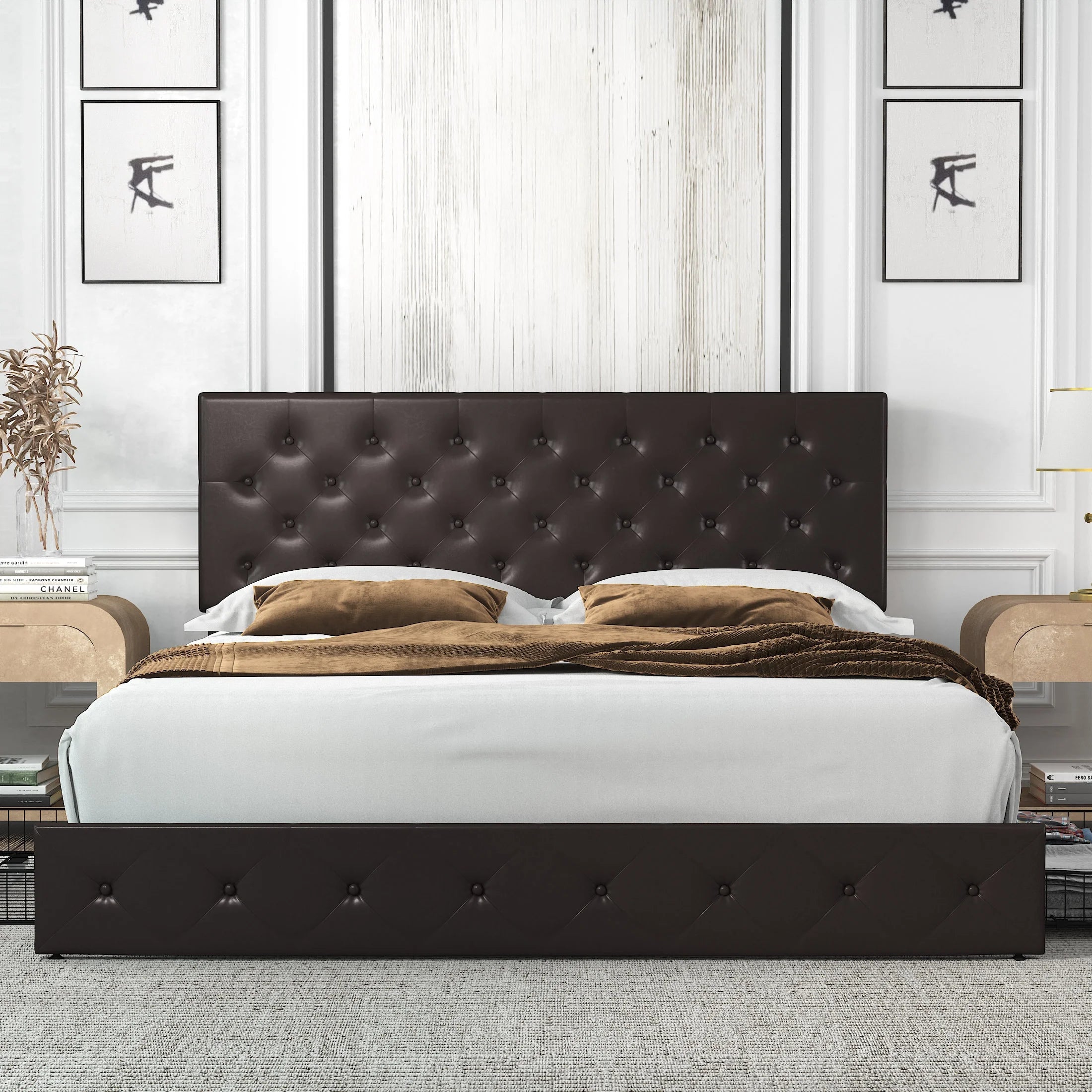 Amolife King Size Faux Leather Platform Bed Frame with 4 Storage Drawers, Button Tufted Style, Black Brown