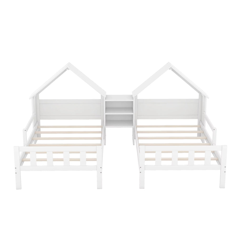 Bed with House-shaped Headboard and a Built-in Nightstand for Teens Double Twin Size, Bed with Pine Wood Fence, Suitable for Young Children, Children, Easy to Assemble(White, Twin)