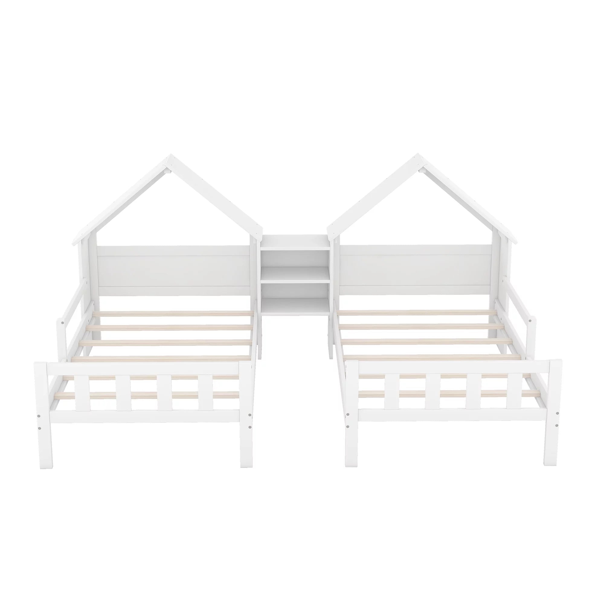 Bed with House-shaped Headboard and a Built-in Nightstand for Teens Double Twin Size, Bed with Pine Wood Fence, Suitable for Young Children, Children, Easy to Assemble(White, Twin)