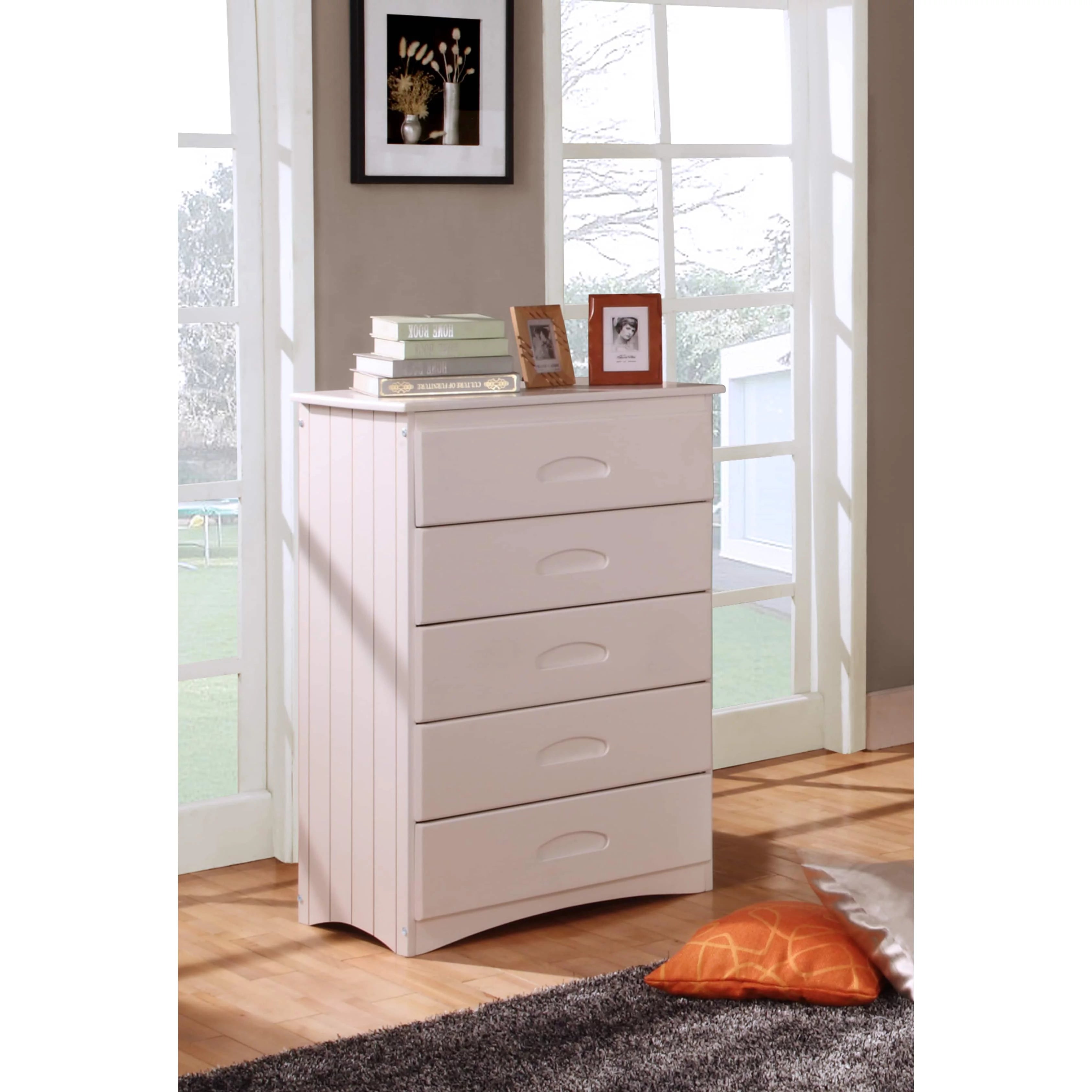 American Furniture Classics Model 0255, Solid Pine Five Drawer Chest in White
