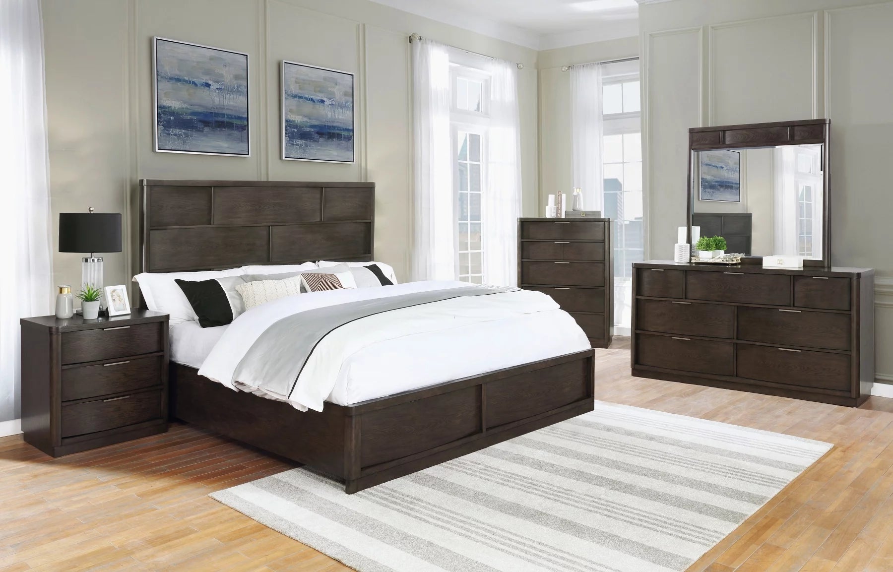 Belani Wood Panel Bed Set, King Bed, Dresser, Mirror, Nightstand, Chest, Espresso