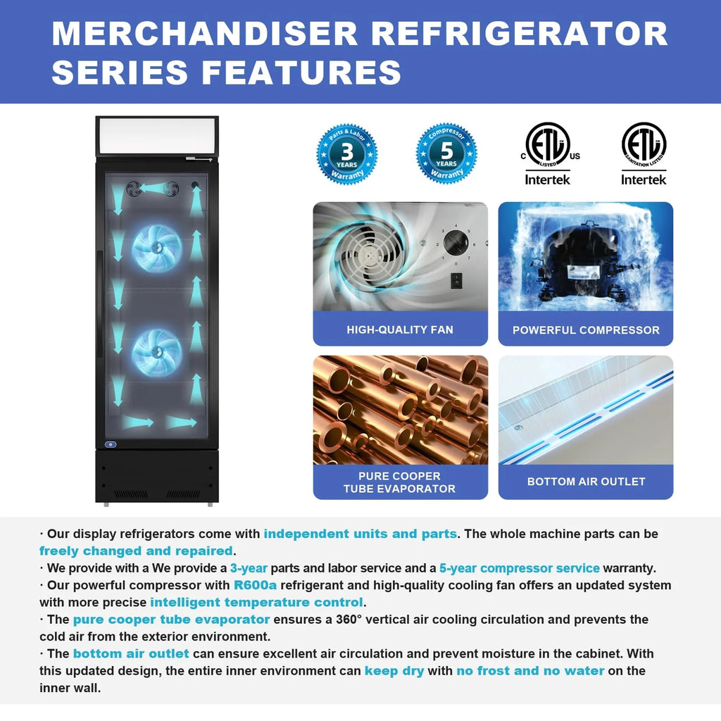 23 in. Merchandiser Refrigerator Display Glass Door Commercial Refrigerator 10.9 Cu.ft LED Lighting with Lightbox Black