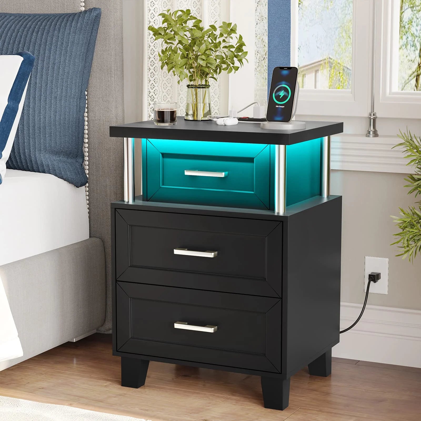 Afuhokles LED Nightstand with Charging Station, RGB Lights Night Stand for Bedroom, Bedside Table End Table with 3 Drawers, Black