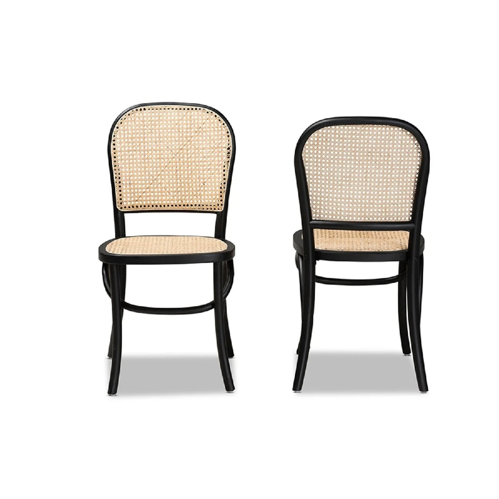 Baxton Studio Cambree Mid-Century Modern Brown Woven Rattan and Black Wood 2-Piece Cane Dining Chair Set
