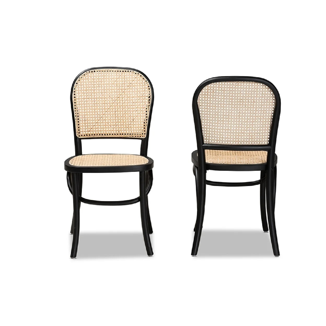 Baxton Studio Cambree Mid-Century Modern Brown Woven Rattan and Black Wood 2-Piece Cane Dining Chair Set