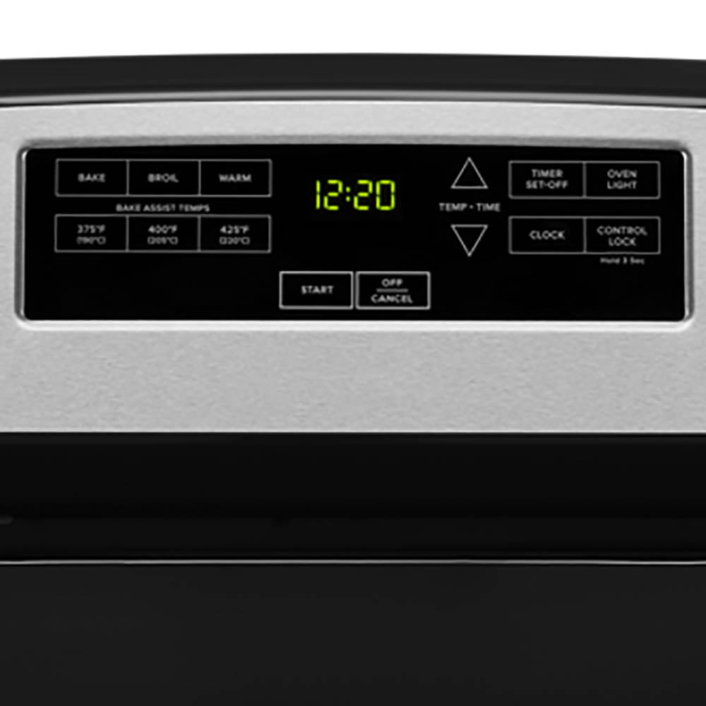 Amana® Brand New Model - AER6303MMS 30-inch Electric Range with 4.8 Cu ft oven. - assembled product Depth: 27.5” - assembled product height: 46.08” - assembled product Width: 30”