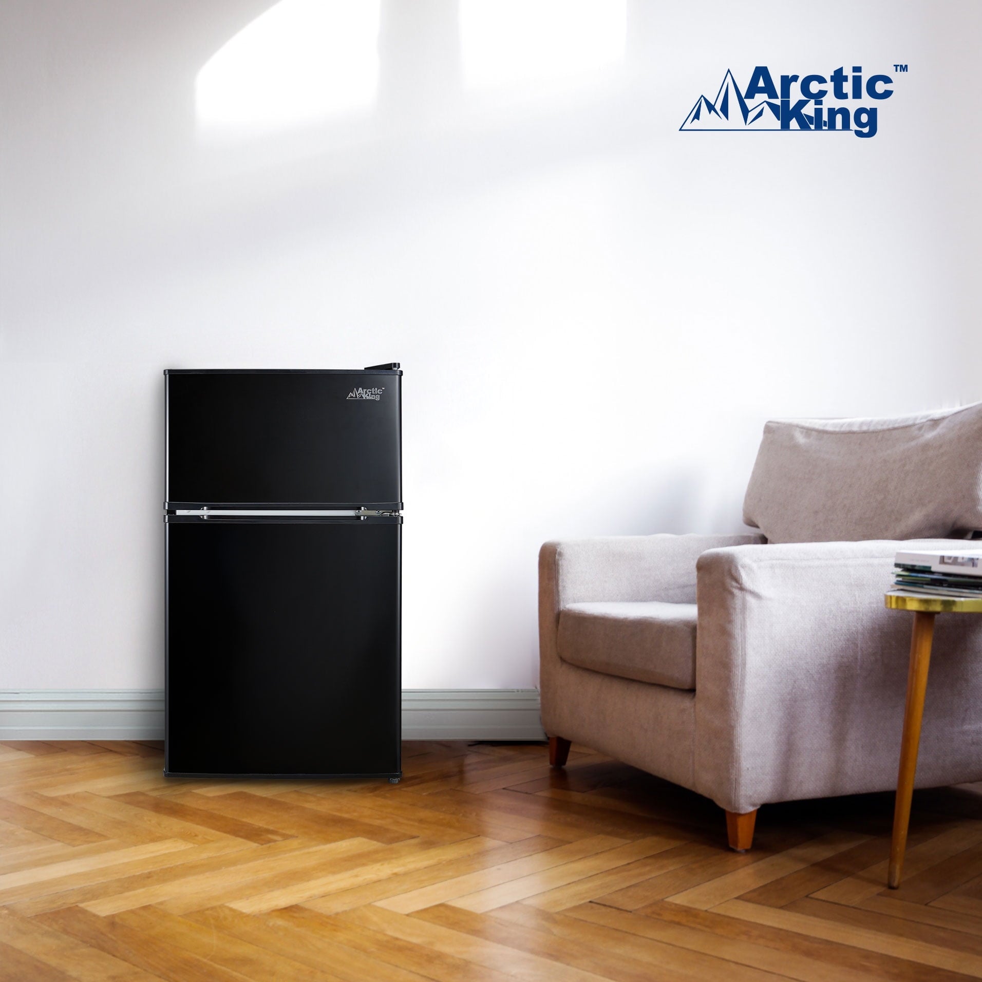 Arctic King 3.2 Cu ft Two Door Mini Fridge with Freezer, Black, E-Star, ARM32D5ABB