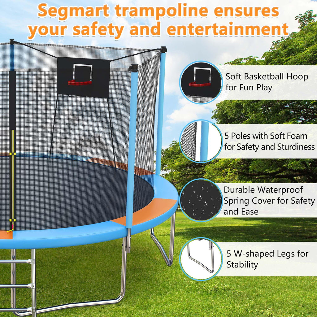 14ft Trampoline with Basketball Hoop, SEGMART Upgraded Round Kids Outdoor Trampoline with Enclosure, Heavy-Duty Backyard Trampoline for Adults and Kids, Blue