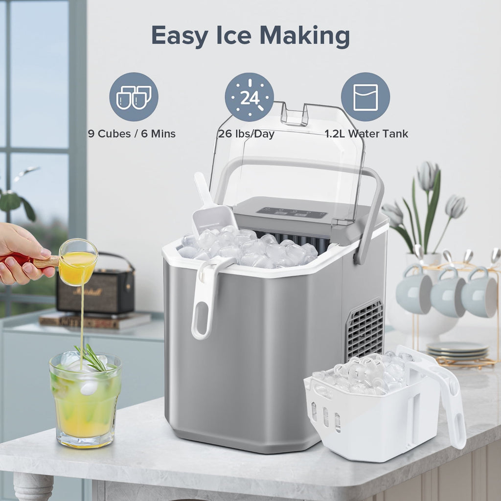 Auseo Countertop Ice Maker, Self-cleaning Portable Ice Maker Machine with Handle and Ice Scoop, Bullet Ice Cubes, 9Pcs/8Min 26Lbs/24H for Home/Office/Bar/Party (Black)
