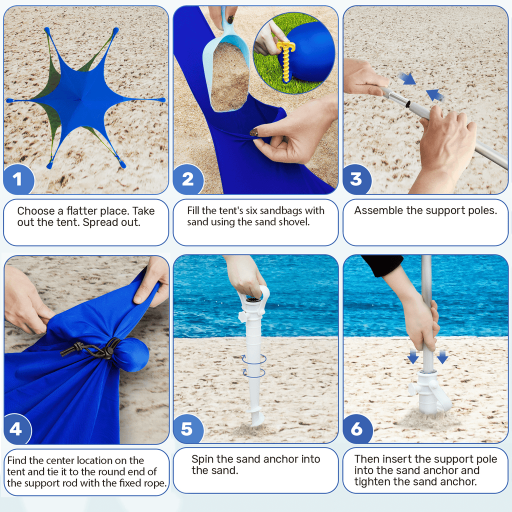 Beach Canopy Tent Sun Shade, VECUKTY 12x12 FT Beach Tent Sun Shelter UPF 50+ UV Protection with Sandbags , 1 Stability Poles and Ground Pegs and Anti-Wind Ropes,Blue