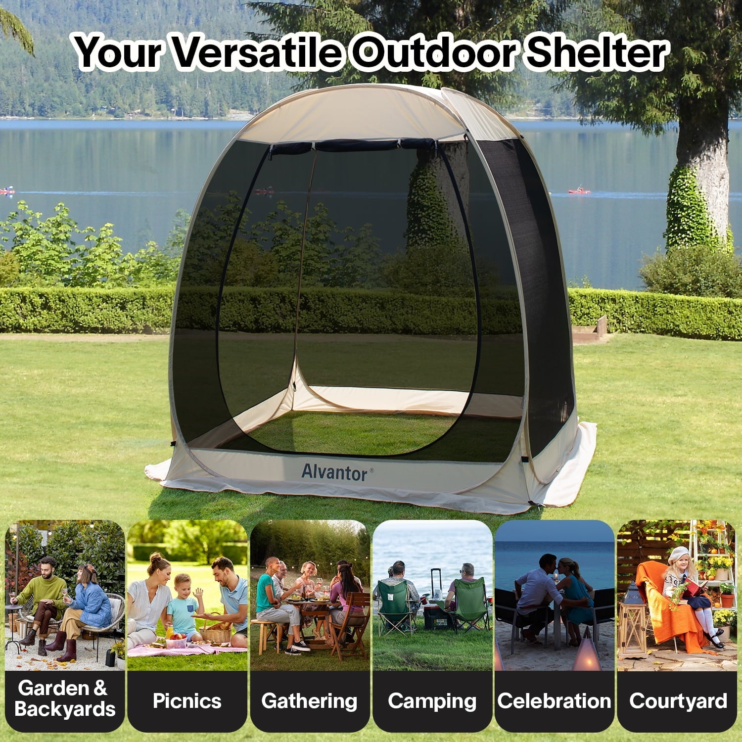 Alvantor Screen House Room Camping Tent Outdoor Canopy Dining Gazebo Pop Up Sun Shade Hexagon Shelter Mesh Walls Not Waterproof 10'x10' Beige