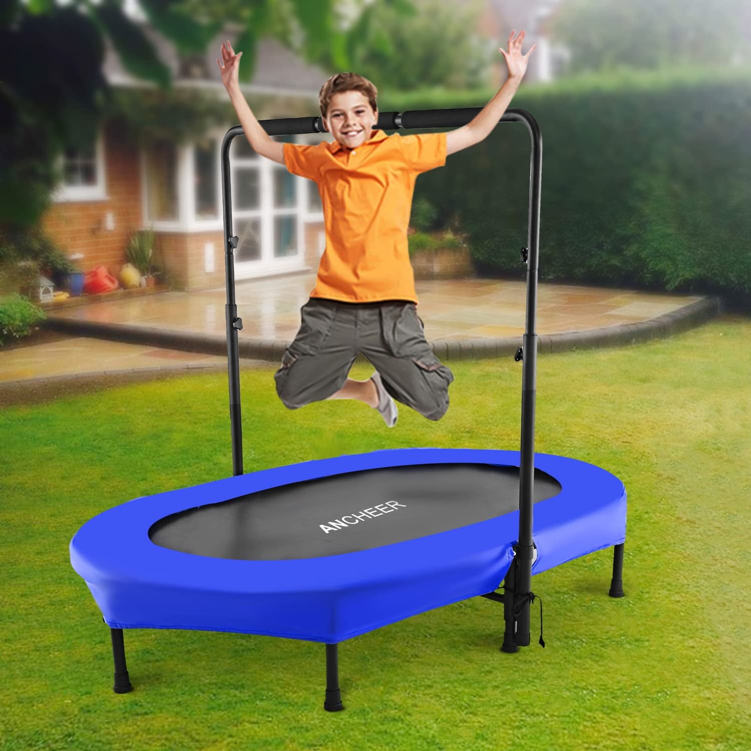 ANCHEER Foldable Trampoline, Mini Rebounder Trampoline with Adjustable Handle, Exercise Trampoline, Parent Child Trampoline Max 220lbs