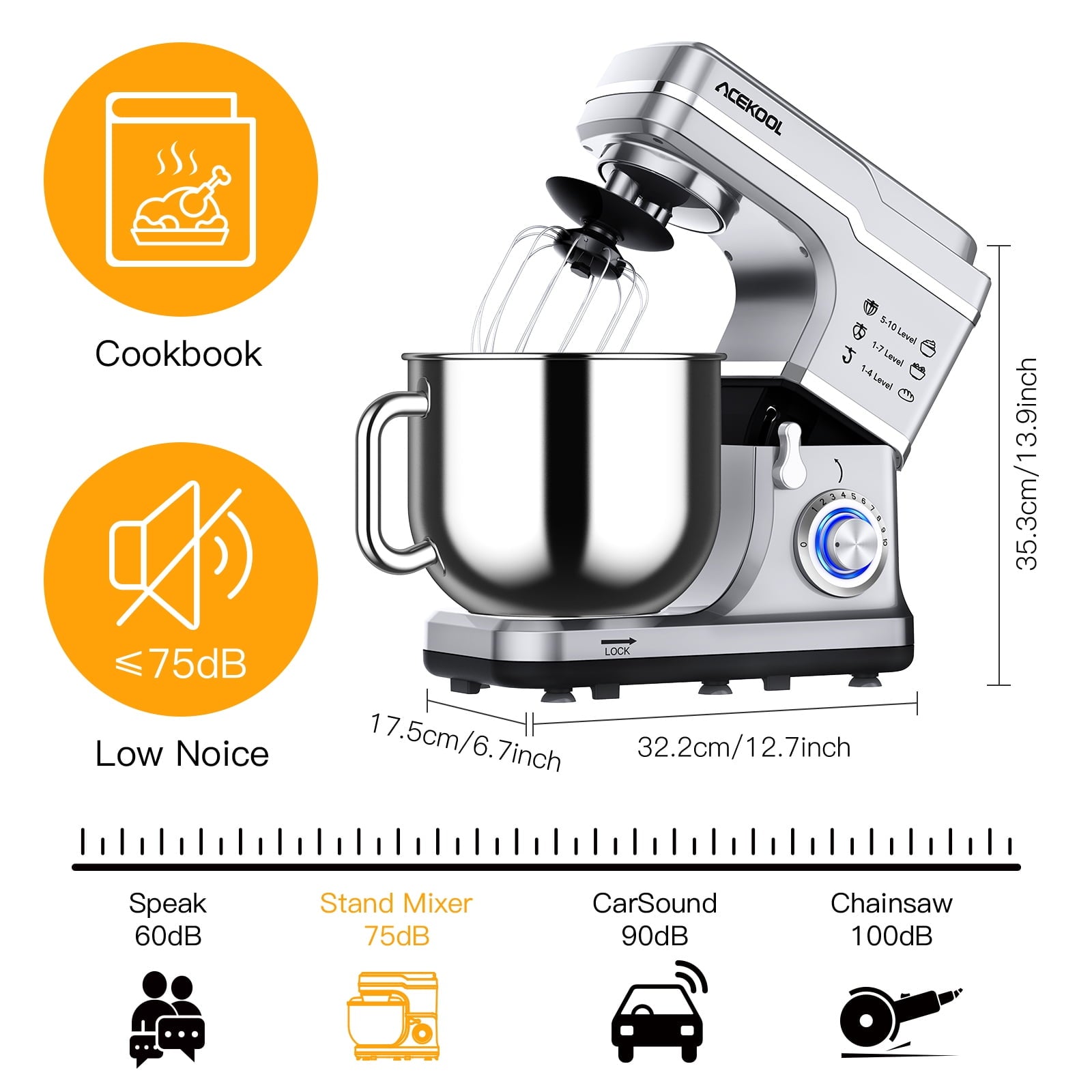 Acekool Stand Mixer, 7.5Qt 10 Speed 660W Tilt Head Electric Food Mixer